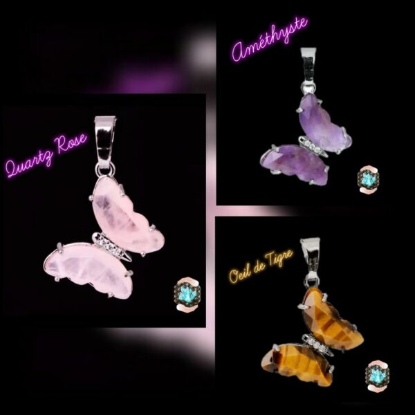 Pendentifs PAPILLONS en AMÉTHYSTE, OEIL DE TIGRE ou QUARTZ ROSE de chez BIJOUX, PIERRES ET  BIEN-ÊTRE.