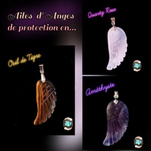 Pendentif AILE D'ANGE GARDIEN de PROTECTION  en pierres naturelles D'OEIL DE TIGRE, DE QUARTZ ROSE ou D' AMÉTHYSTE de chez BIJOUX, PIERRES ET  BIEN-ETRE